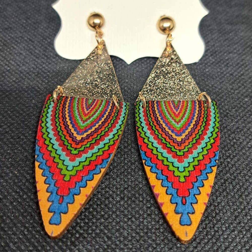 Lightweight Metal and Wood Tribal Dangle Earrings- NWOT